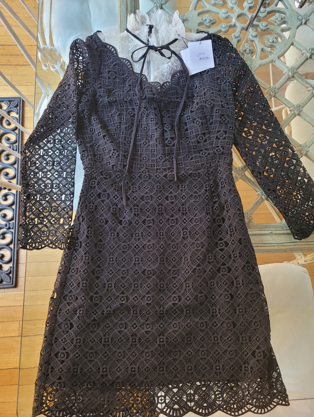 Sandro Christina Black Lace Dress Ruffled Collar And Bow New With Tags 34
